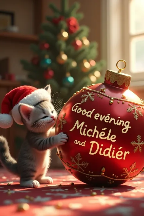 Cute little cat with Santa Claus hat ,  playing with a big Christmas ball on which it says good evening Michèle and Didier