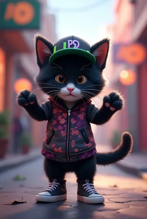  porn movie ,  8k Ultra HD ,  of a male kitten , cute and bipedal ,  with black fur with white parts, dancing cheerfully and wearing hip hop clothes with caps in the colors black with green and purple details.