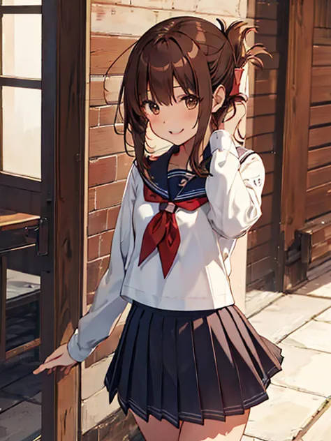 best quality, masterpiece,  hi-res, alone, {lightning_  kantai collection  :1.15}, brown_hair, folded_ ponytails, brown_eye, ser...