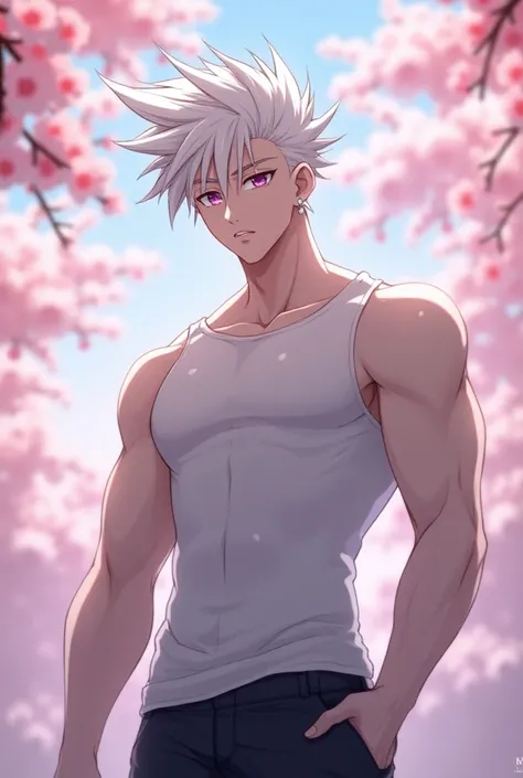  Anime character ,  white hair,  pointy hair , pale skin,  purple eyes,  long white eyelashes , male, muscle shirt,  small white earrings,  big shiny lips ,  cherry blossoms, high 1.95,  Abdominals 