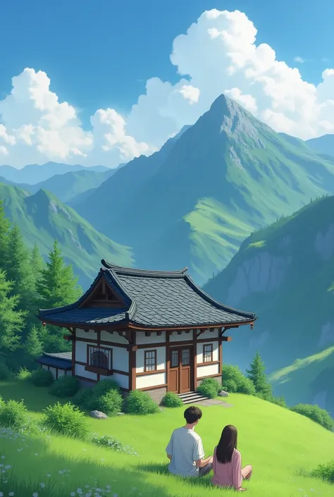 A house like a japnese old house and a couple seating outside a house with backhung a boy is tall and girl is short and a house located in a mountains alone and weather is lika sweezerland with a green grass