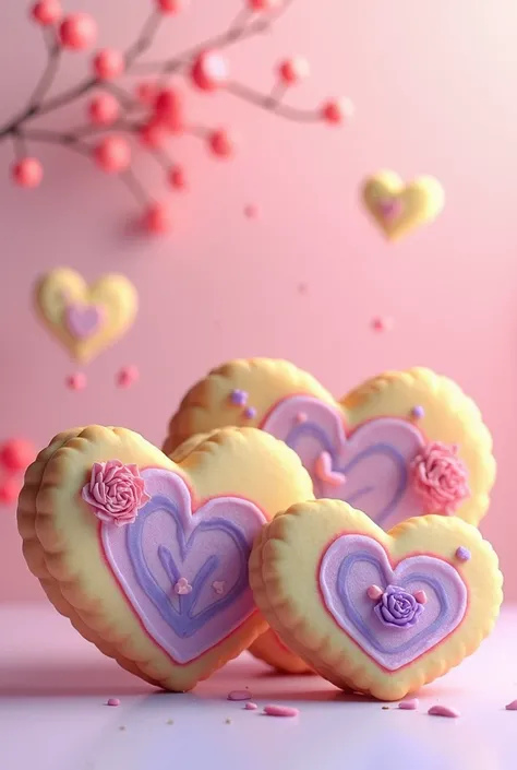 Heart-shaped cookies with a mixture of purple in yellow tones but with a white interior and a mixture of purple with red