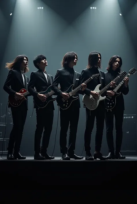 Seven korean boys in black suit in concert all are holding guitar with long hair 
