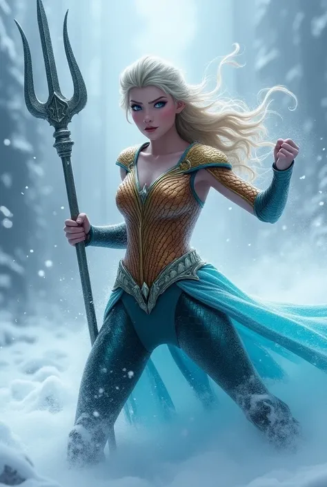 hình ảnh thực tế, Elsa wears the armor of superhero Aquaman, crown head, muscle, trident , fighting stance, blizzard
