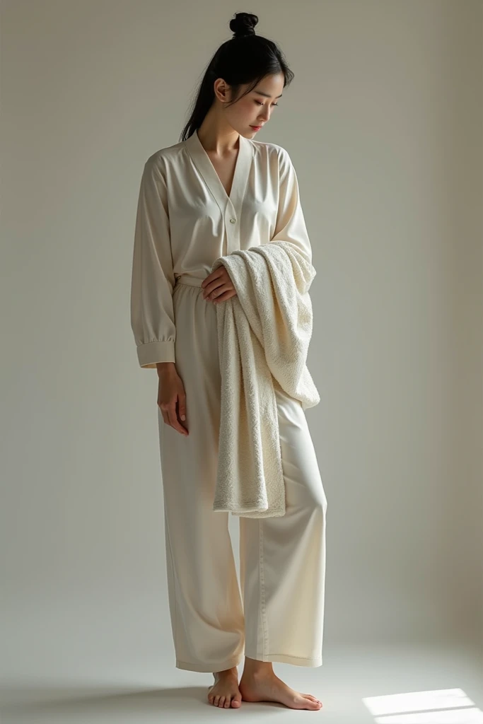 Korean woman in pants and blouse holding a towel in full-body David pose reference.