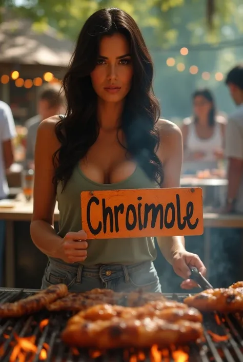 Megan Fox barbecuing with a sign that says Chorimole 