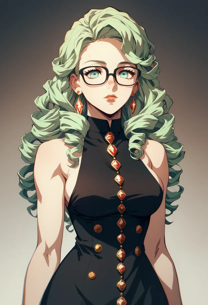 women, alone, glasses, long hair,  pale blue-green curly hair,  big breasts ,  black dress,  gold and diamond earrings ,