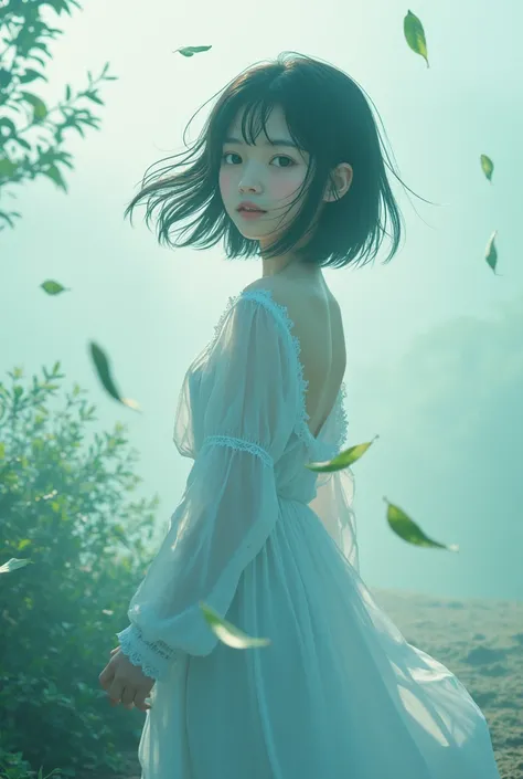 (High Detail:1.2)Anime Girl,(Cinematic Lighting,Delicate Colors),(Falling Leaves:1.2), Calm Lighting, Wind, Fog. Turquoise, delta shades. discord banner  