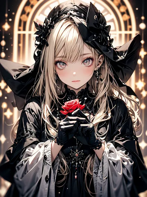 (masterpiece),(4K), high quality , flat  , a girl , long blonde hair ,pale, Beautiful and detailed red eyes , black ribbon adorned with red roses ,Black and white gothic dress , ( delicate and elegant ), Magical colors and atmosphere,   Detailed Skin , Bac...