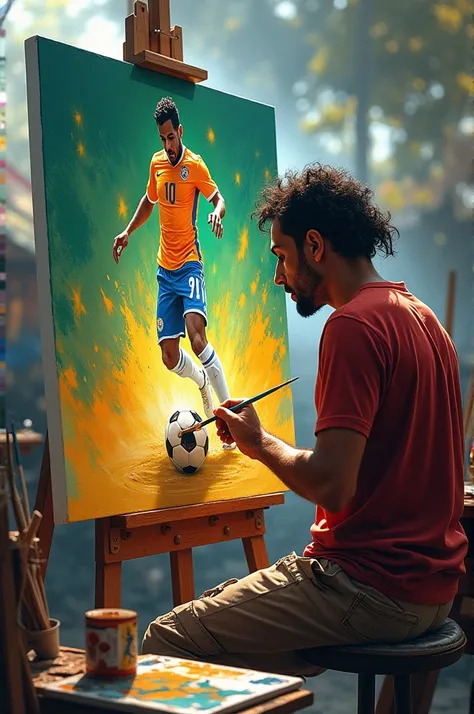 José Ferreira Neto painting a square about soccer