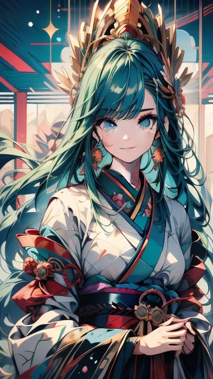  1 girl,Long Hair,bangs, emerald green hair on the top of the head, blue eyes, straight hair,  Girly ,Bright smile, is floating in the air, Rainbow-colored kimono、　 Bright Atmosphere , rich colors, colorful ,Depiction of the Wind 、Draw with thick lines,Spa...