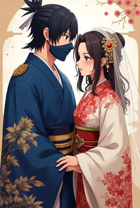 Hatake Kakashi without konoha symbol forehead protector, with face mask, in royal blue male wedding kimono, with japanese traditional golden print allover the kimono, with japanese traditional golden Belt with the kimono, a imperial Blue stone graved golde...