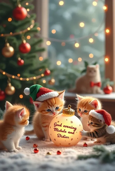  Several kittens with Christmas hats playing with Christmas loops, dont une boule plus grande sur laquelle il est écrit  "Good evening Michèle and Didier "