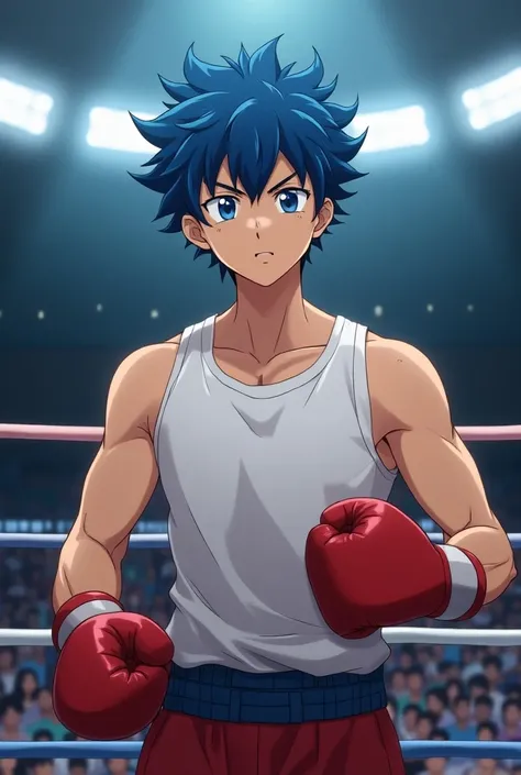 A young high school boy who is a blue-haired Japanese boxer in the ring in 2D 