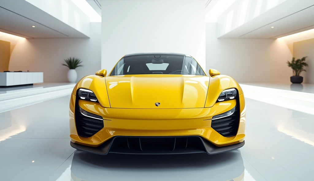 A stunning ultra-realistic image of the front side end of a 2025 Porsche Carrera 911 gt luxury car, showcasing its sleek, aerodynamic design and glossy yellow shine exterior. The futuristic front side view end features a wide, modify White bumper with Pors...