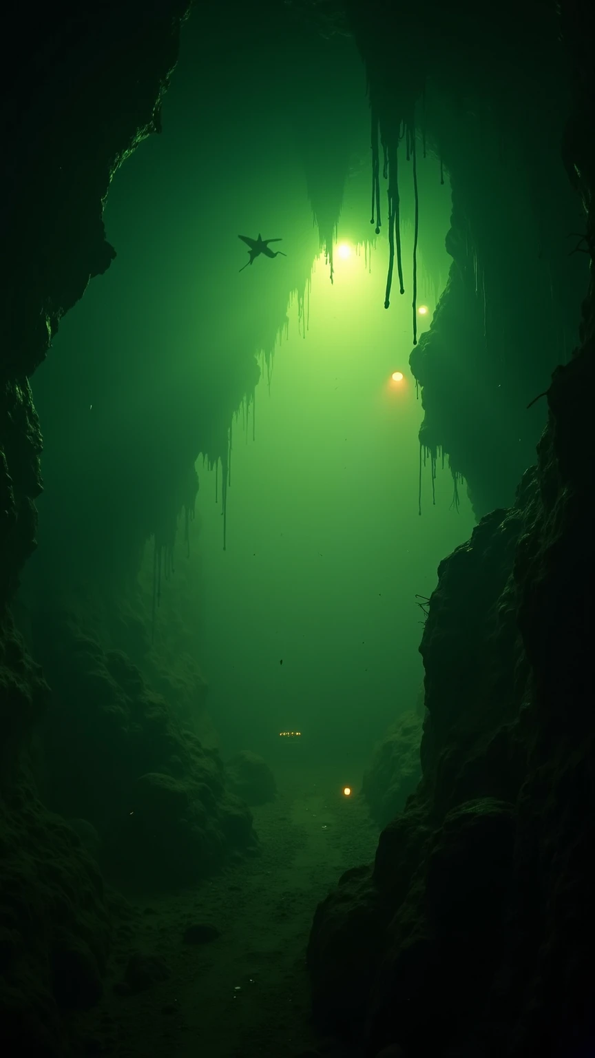 A dark, eerie cave scene of Movile Cave in Romania, with thick, toxic air and sulfurous fog filling the atmosphere. Strange, bioluminescent creatures glow faintly in the darkness, adapted to a world without sunlight. The walls are covered with alien-like f...