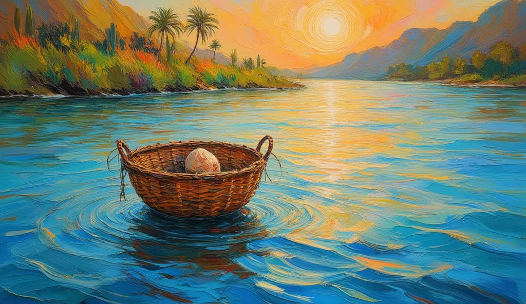 the spectacular impressionist-style painting with vibrant brushstrokes of a small wicker basket with a bundle inside that floats...