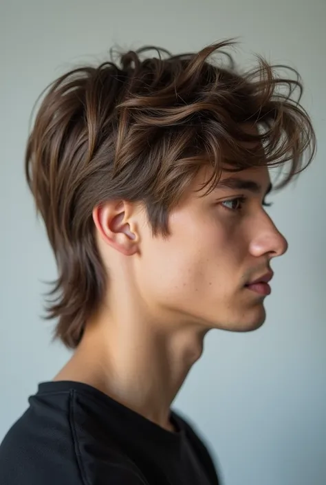 in an isolated light grey studio background, A close-up portrait of a young male model showcasing a trendy, modern mullet hairstyle. The back of the head and temple areas have long, layered hair, while the top is cut short for a stylish contrast, and the s...