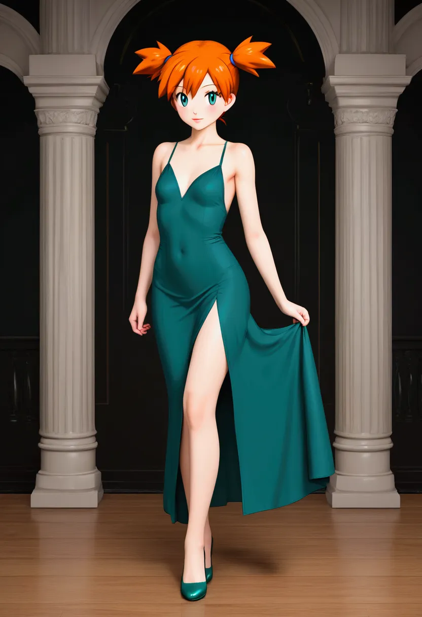 full-body shot, young misty from pokémon in a seductive pose, twin tails, sexy green tight mini shoulder free dress