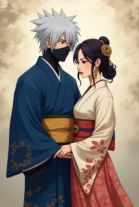 Hatake Kakashi without konoha symbol forehead protector, with silver grey hair, with face mask, in royal blue male wedding kimono, with japanese traditional golden print allover the kimono, with japanese traditional golden Belt with the kimono, a imperial ...