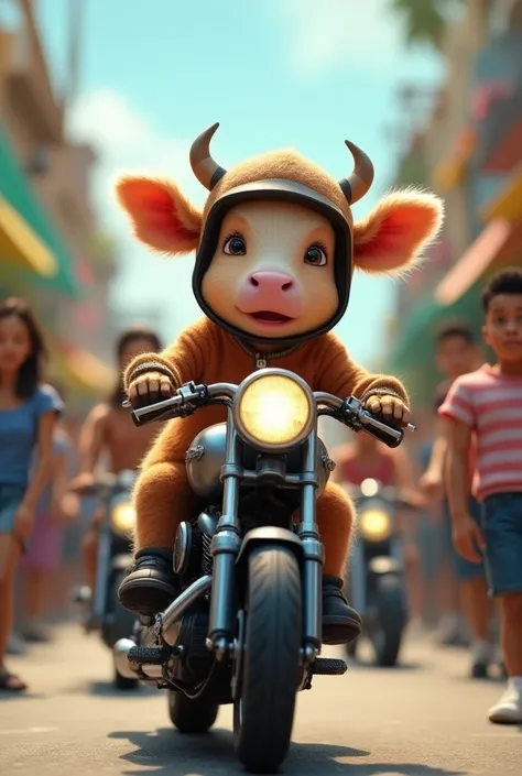 Cow babys riding motor bikes and people watching 