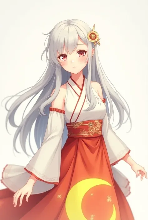 A Chinese teenage Girl with white long hair and Yellow bend Moon as decoration on beautiful skirt (whole body is seen and it facing in front)
In anime
A bend yellow moon is hanging on the skirt