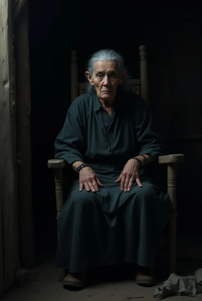 A ultra hd image of "Inside the hut at night, an old woman sits on a rickety wooden chair, her face partially hidden in shadow. She looks ancient and mysterious, with dark, piercing eyes and a wrinkled face. Without speaking, she gestures for Rohan to ente...