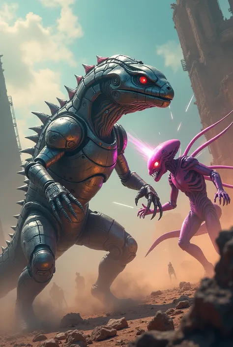 A metal lizard fighting against an alien