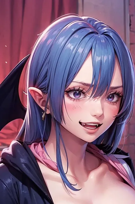 (((remilia scarlet))), (bat wings), (vampire), short hair, (((blue hair))), ((standing)), ((((face close up)))), ((jacket, taut shirt)), evil smile,, 