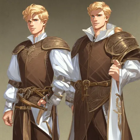 best quality, high quality, clean lines, fantasy, dungeons and dragon npc art, average looking,, young white man with short curly blond hair wearing medieval town clothes