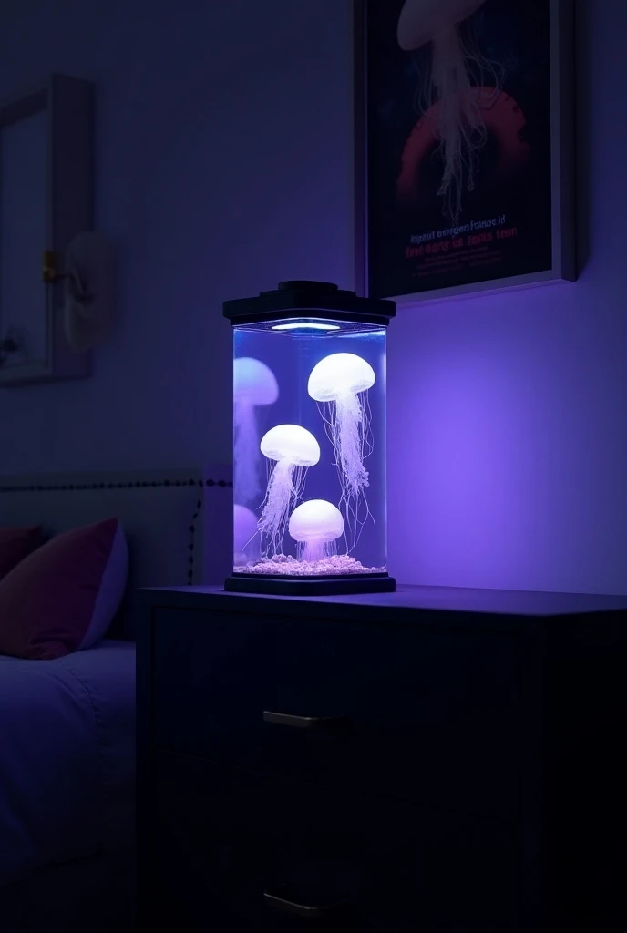 Glass aquarium, three jellyfish swimming inside, purple glow behind aquarium, Five nights at freddys poster on wall behind aquarium, on top of a black dresser, dim room, High Resolution, Depth Of Field, Backlighting, Masterpiece, Accurate, Best Quality, Aw...