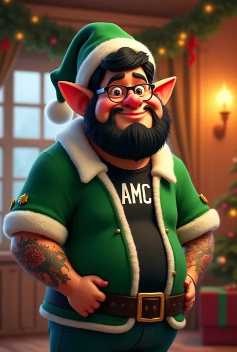 A male Christmas elf. He is stocky and has a black beard and black hair. He wears glasses. He is wearing a black t-shirt with AMC written on it in white letters. He is wearing a green elf cardigan and a green elf hat with white trim. He has a shy smile. Th...