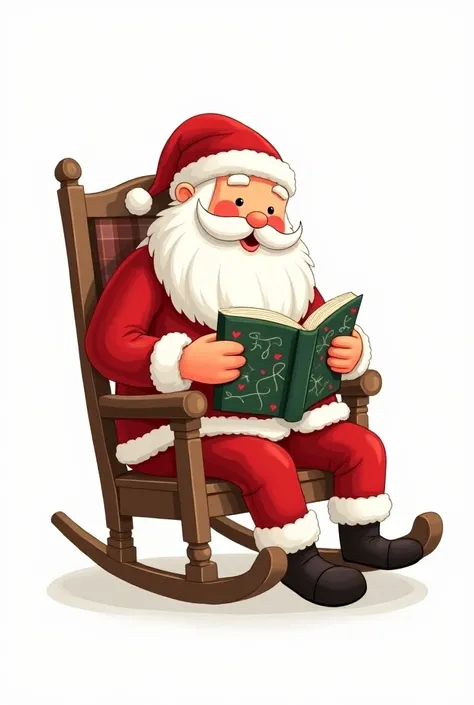 "Create a clipart of Santa Claus sitting in a rocking chair, reading a Christmas storybook. Make this clipart with a white background, 300 dpi resolution, and size 5x5 inches."