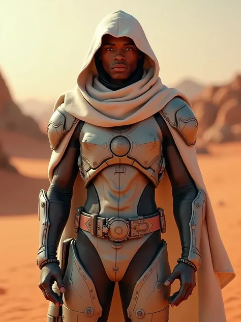 a man in a space suit standing in the desert, afrofuturism, 8k detail, wearing sci-fi cloak with hood, anfas portrait of a mech warrior, 8k octane render photo, retrofuturistic android, red desert mars, detailed armor with white scarf, shading unreal engin...