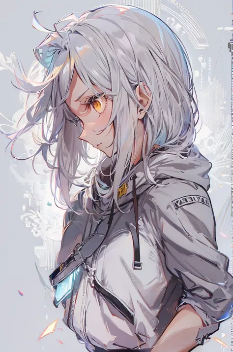 1 girl, {Alone},  upper body ,{{ { stare  at viewer}}}, Arms at your sides,  Concept Art, white returnground, simple returnground, Gray Hair, Silver Gradient Hair , Complex fabric, Asymmetrical clothing,  Virtual YouTuber , Best Quality, masterpiece,  dyna...