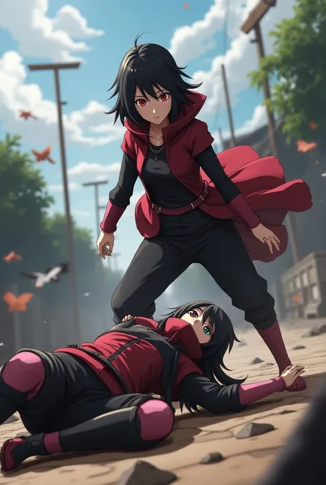 sakura haruno vs sarada uchiha  sarada defeats sakura, sakura falls to the ground on her stomach with her back stretched out  in boruto next naruto generations 