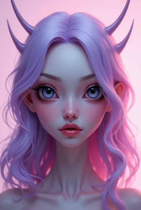 Une femme alien avec une peau rose pastel cheveux violet foncé et les œil de couleur  noir de face avec des antenne sur le devant de la tête 