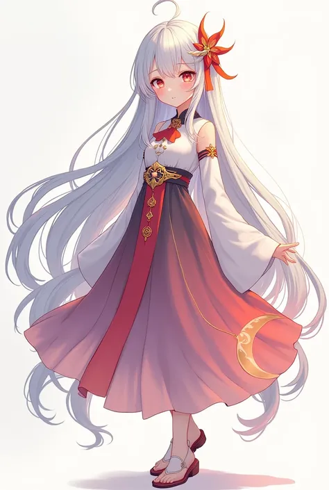 A Chinese teenage Girl with white long hair and Yellow bend Moon as decoration on beautiful moon skirt (whole body is seen and it facing in front)
In anime
A bend yellow moon is hanging on the skirt