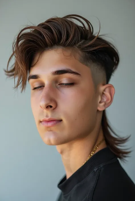 in an isolated light grey studio background, A close-up portrait of a young male model showcasing a trendy, modern mullet hairstyle. The back of the head and temple areas have long, layered hair, while the top is cut short for a stylish contrast, and the s...