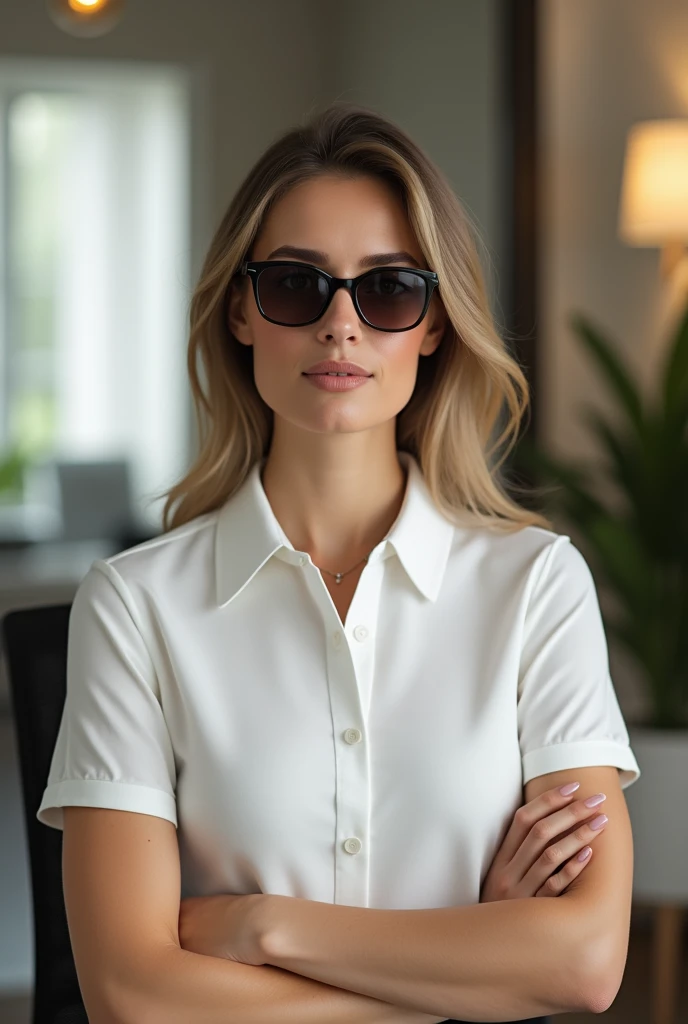 Elegant lady wearing a white polo shirt. Wear dark lenses in a harmonious work environment  