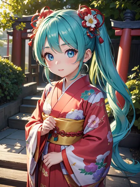 A high-resolution, 8K quality image of a seven-year-old Japanese girl visiting a Shinto shrine for Shichi-Go-San celebration. She is wearing a beautiful, traditional red kimono adorned with floral patterns, her hair styled with traditional accessories, and...