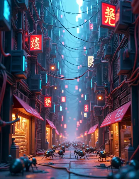 PIXAR,cool style ,разумные прикольные Ants "построили" свой город в  computer servers , wires and hoses for them like footpaths {x} neon and LED server lighting illuminates them "streets", ant city in the server room ,microcosm, among ,Antsный город в серв...