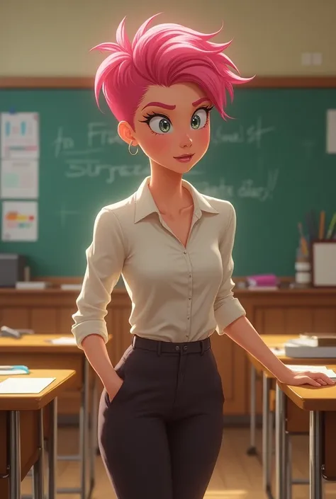 Pink hair teacher in classroom shocked