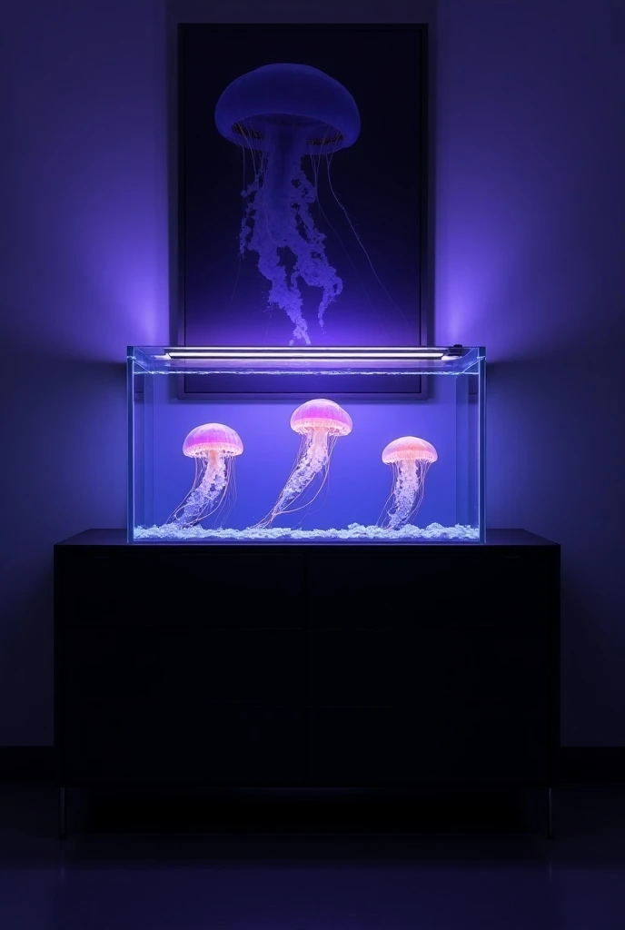 Large rectangle glass aquarium, three jellyfish swimming inside, purple glow behind aquarium, Five nights at freddys poster on wall behind aquarium, on top of a black dresser, dim room, High Resolution, Depth Of Field, Backlighting, Masterpiece, Accurate, ...