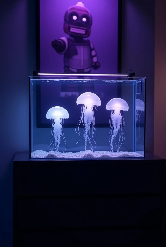 Large rectangle glass aquarium, three jellyfish swimming inside, purple glow behind aquarium, Five nights at freddys poster on wall behind aquarium, on top of a black dresser, dim room, High Resolution, Depth Of Field, Backlighting, Masterpiece, Accurate, ...