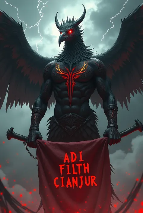 "A powerful, fearsome Garuda with dark, shadowy wings spread wide, its talons gripping a blood-splattered banner with the word "ADI FILTH CIANJUR" written in bold, crimson letters. The Garuda’s eyes glow menacingly, and its sharp, jagged feathers shimmer i...