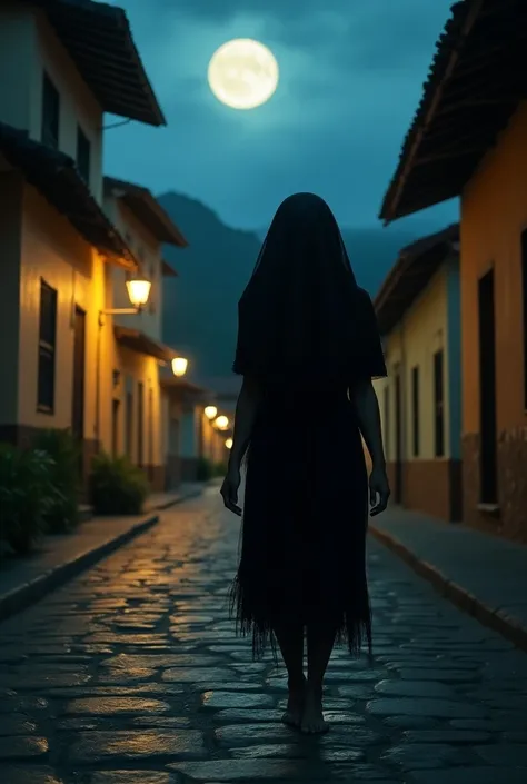 a scary widow at night walking barefoot and in the background the beautiful town of Narihuala in Piura
