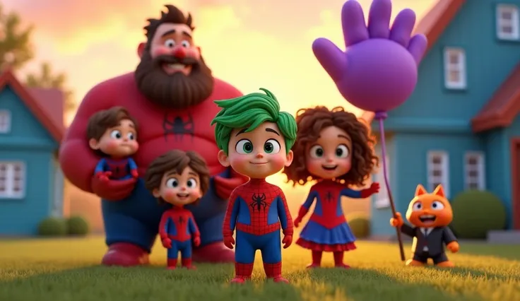 Disney Pixar style, blue houses on grass lawn, close up scene,  in green curly hair wearing spider man costume, behind A family with a jovial fat father in spider man costume curly hair with french beard, behind a beautiful mother in wearing spider man cos...