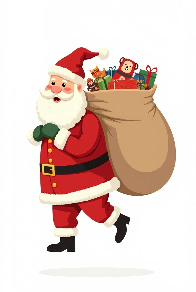 "Create a clipart of Santa Claus carrying a large sack of presents on his back, with toys peeking out. Make this clipart with a white background, 300 dpi resolution, and size 5x5 inches."