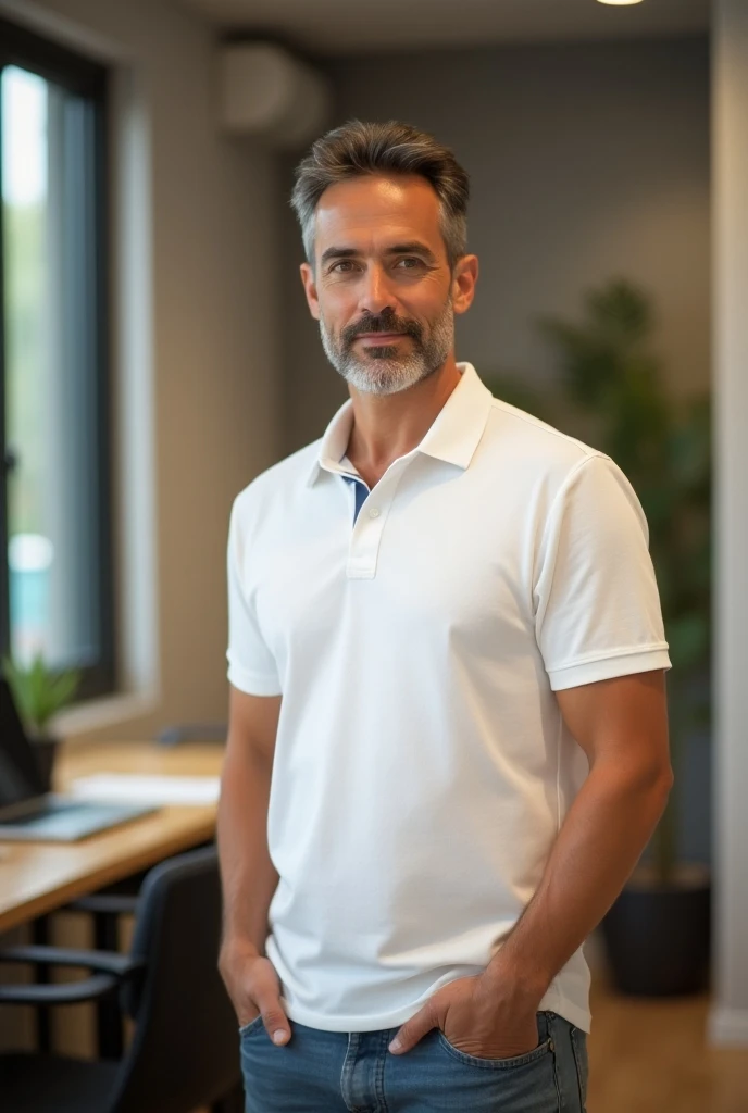 Stylish gentleman wearing a casual white polo shirt in a harmonious work environment 